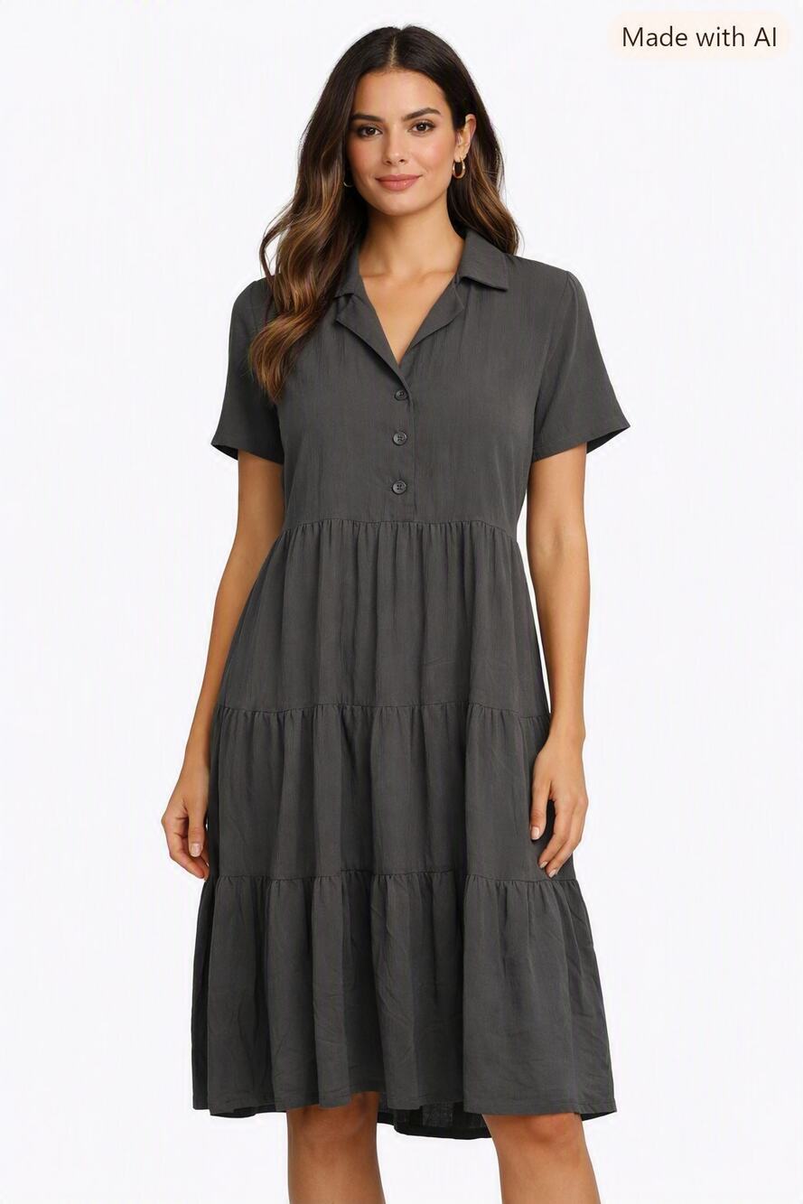 Calista Charcoal Button‑Front Tiered Dress – Size Small